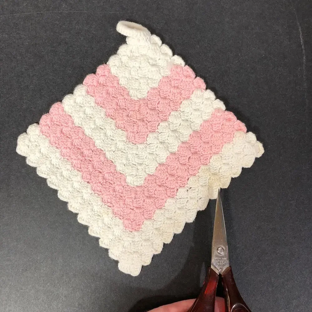 Vintage Potholders, Crocheted Pink, Aqua Blue, Red and White, Set of Four Retro